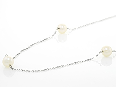 White Cultured Freshwater Pearl Rhodium Over Sterling Silver Station Necklace