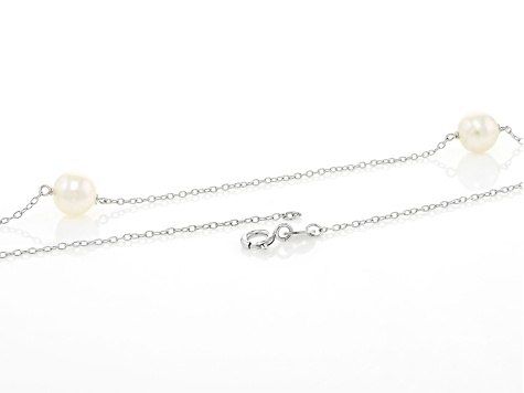 White Cultured Freshwater Pearl Rhodium Over Sterling Silver Station Necklace