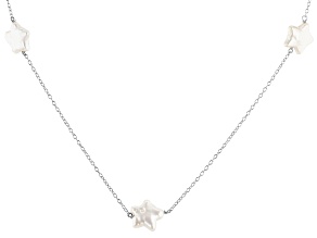 White Cultured Freshwater Pearl Rhodium Over Sterling Silver Star Shaped Station Necklace