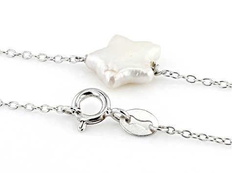 White Cultured Freshwater Pearl Rhodium Over Sterling Silver Star Shaped Station Necklace