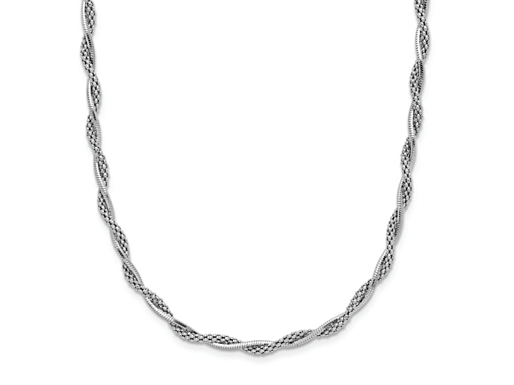 Rhodium Over Sterling Silver Polished Beaded Textured Twisted 16 Inch Necklace