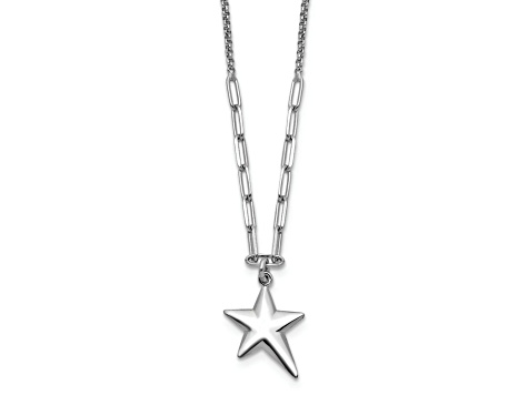 Rhodium Over Sterling Silver Polished Star Pendant Cable Link 16.5 Inch Necklace