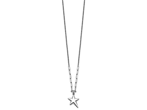Rhodium Over Sterling Silver Polished Star Pendant Cable Link 16.5 Inch Necklace