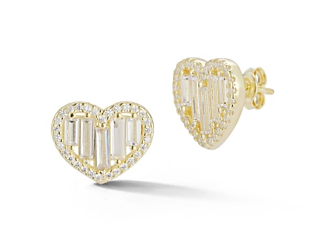 Sterling Statements 14K Yellow Gold Over Sterling Silver Baguette CZ Heart Studs