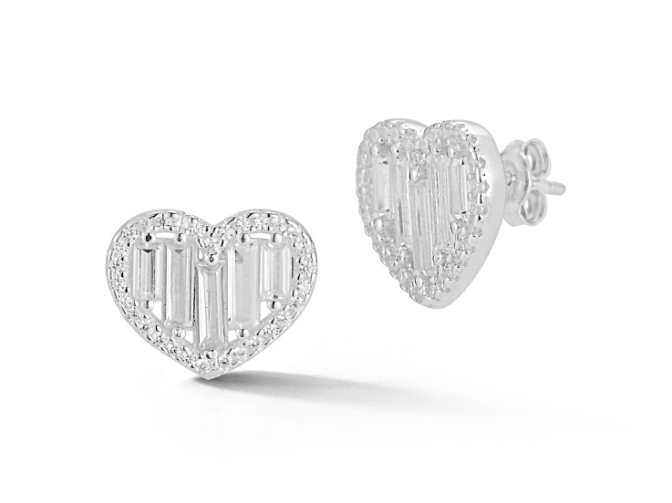 Sterling Statements Rhodium Over Sterling Silver Baguette CZ Heart Studs