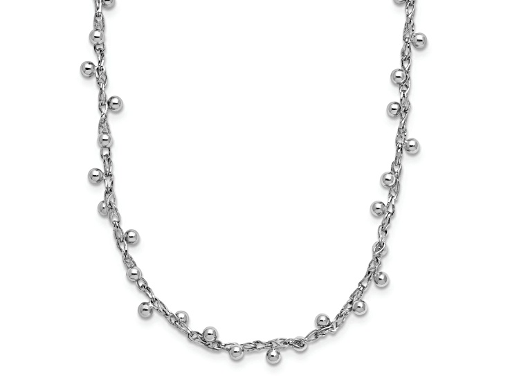 Rhodium Over Sterling Silver Polished Beaded 15 Inch Necklace