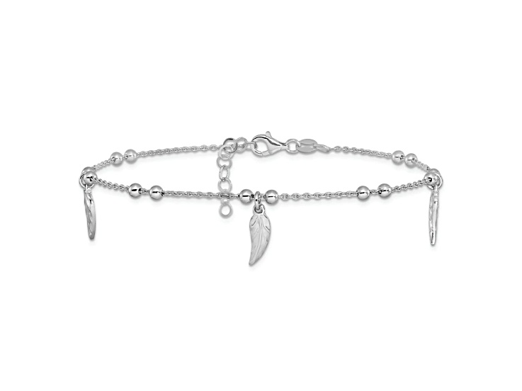 Sterling Silver Polished and Textured Feather Station Anklet