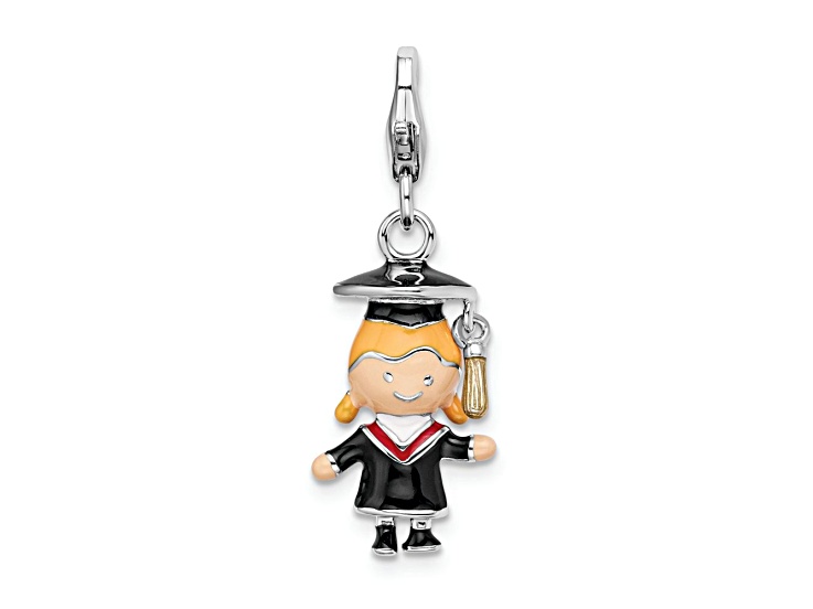 Rhodium Over Sterling Silver Enameled Girl Graduate Charm
