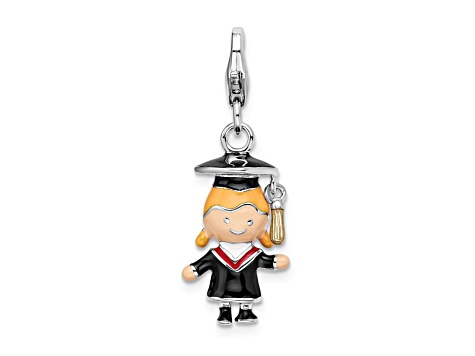 Rhodium Over Sterling Silver Enameled Girl Graduate Charm