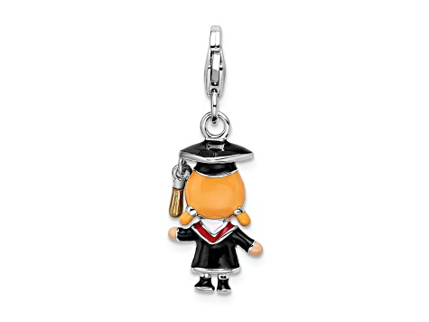 Rhodium Over Sterling Silver Enameled Girl Graduate Charm