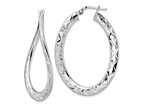 Rhodium Over Sterling Silver 1 9/16" Polished and Diamond-Cut Curved Oval Hoop Earrings