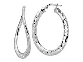 Rhodium Over Sterling Silver 1 9/16" Polished and Diamond-Cut Curved Oval Hoop Earrings