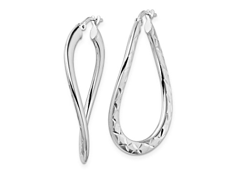 Rhodium Over Sterling Silver 1 9/16" Polished and Diamond-Cut Curved Oval Hoop Earrings