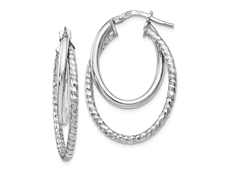 Rhodium Over Sterling Silver 1 1/4" Polished Diamond-Cut Oval Hoop Earrings