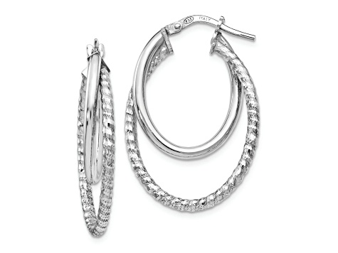 Rhodium Over Sterling Silver 1 1/4" Polished Diamond-Cut Oval Hoop Earrings