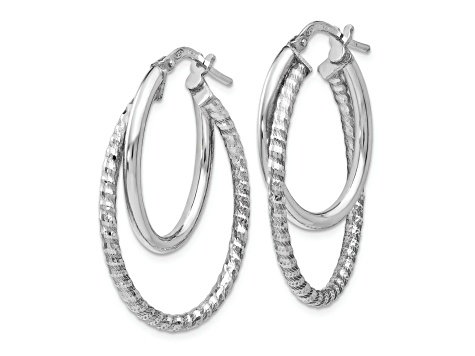 Rhodium Over Sterling Silver 1 1/4" Polished Diamond-Cut Oval Hoop Earrings