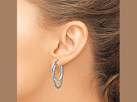 Rhodium Over Sterling Silver 1 1/4" Polished Diamond-Cut Oval Hoop Earrings