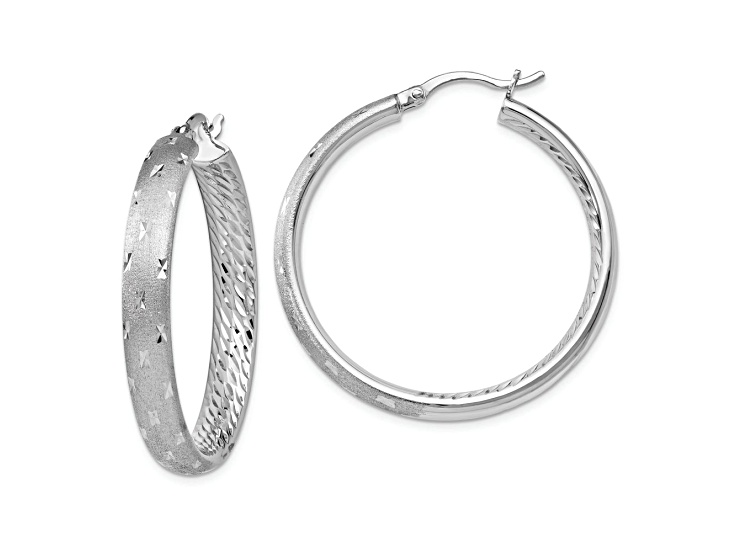 Rhodium Over Sterling Silver 1 9/16" Diamond-Cut Brushed In and Out Hoop Earrings