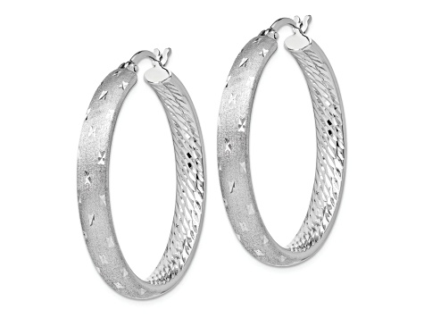 Rhodium Over Sterling Silver 1 9/16" Diamond-Cut Brushed In and Out Hoop Earrings