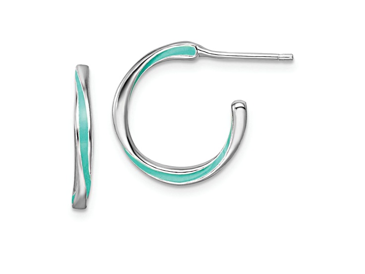 Rhodium Over Sterling Silver 11/16" Aqua Enameled C-Hoop Earrings