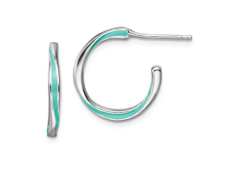 Rhodium Over Sterling Silver 11/16" Aqua Enameled C-Hoop Earrings