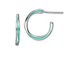 Rhodium Over Sterling Silver 11/16" Aqua Enameled C-Hoop Earrings