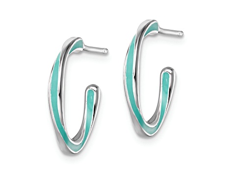 Rhodium Over Sterling Silver 11/16" Aqua Enameled C-Hoop Earrings