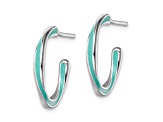 Rhodium Over Sterling Silver 11/16" Aqua Enameled C-Hoop Earrings