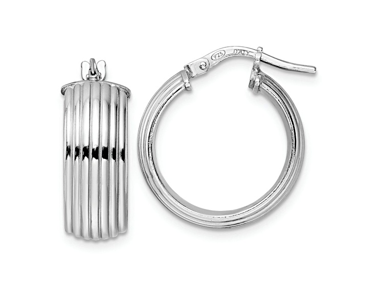 Rhodium Over Sterling Silver 13/16" Polished Grooved Hoop Earrings