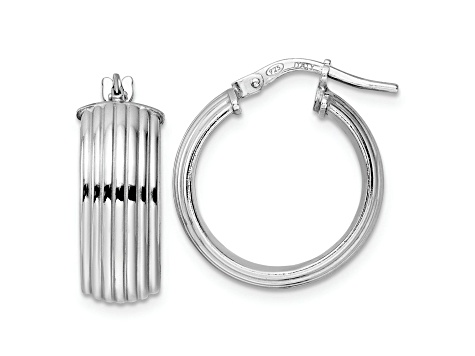 Rhodium Over Sterling Silver 13/16" Polished Grooved Hoop Earrings