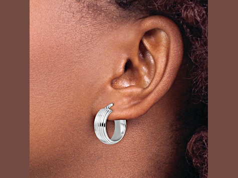 Rhodium Over Sterling Silver 13/16" Polished Grooved Hoop Earrings
