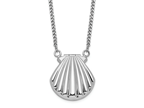 Rhodium Over Sterling Silver Seashell 15mm Locket Necklace