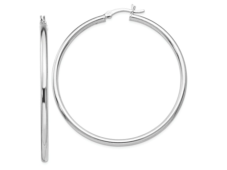 Rhodium Over Sterling Silver 2 1/16" Polished Hinged Hoop Earrings