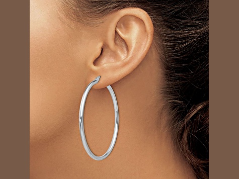 Rhodium Over Sterling Silver 2 1/16" Polished Hinged Hoop Earrings
