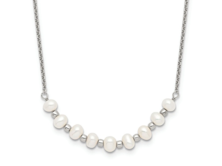 Rhodium Over Sterling Silver Beaded 3-4mm Freshwater Cultured Pearl Curved Necklace
