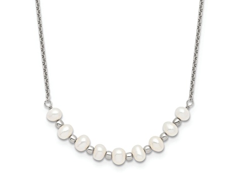 Rhodium Over Sterling Silver Beaded 3-4mm Freshwater Cultured Pearl Curved Necklace