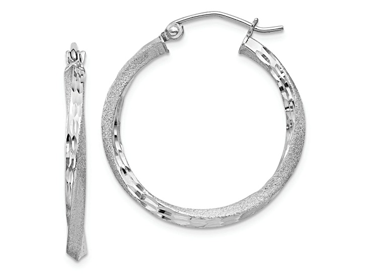 Rhodium Over Sterling Silver Satin Diamond-cut 2.5x25mm Twisted Hoop Earrings