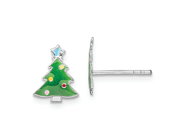 Rhodium Over Sterling Silver Enamel Kids Christmas Tree Post Earrings