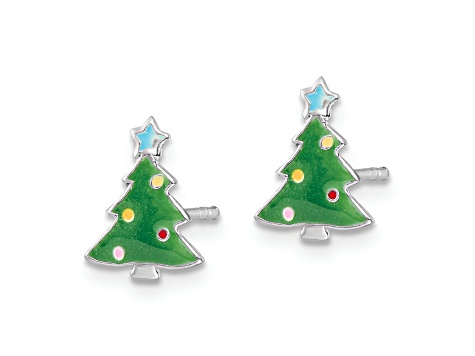 Rhodium Over Sterling Silver Enamel Kids Christmas Tree Post Earrings