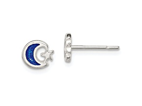 Sterling Silver Polished Blue Enamel Moon and Star Children's Post Earrings