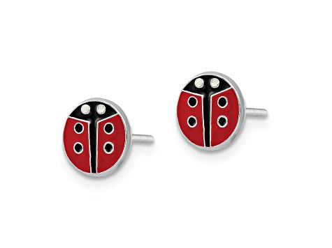 Rhodium Over Sterling Silver Enamel Ladybug Children's Post Earrings