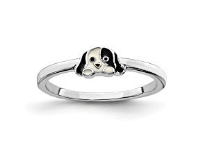 Rhodium Over Sterling Silver Black and White Enameled Puppy Children's Ring