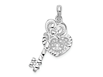 Picture of Rhodium Over Sterling Silver Polished Moveable Key with Heart Lock Pendant