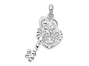 Rhodium Over Sterling Silver Polished Moveable Key with Heart Lock Pendant