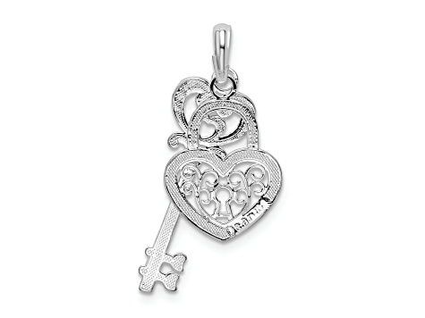 Rhodium Over Sterling Silver Polished Moveable Key with Heart Lock Pendant