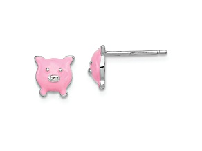 Rhodium Over Sterling Silver Enamel Pig Child's Post Earrings