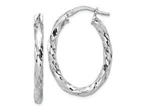 Rhodium Over Sterling Silver Polished and Textured Twisted Oval Hoop Earrings