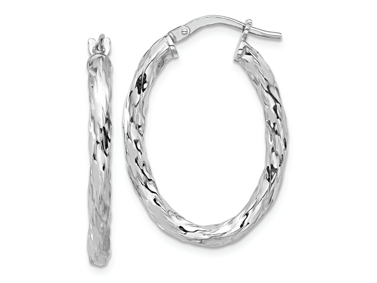 Rhodium Over Sterling Silver Polished and Textured Twisted Oval Hoop Earrings