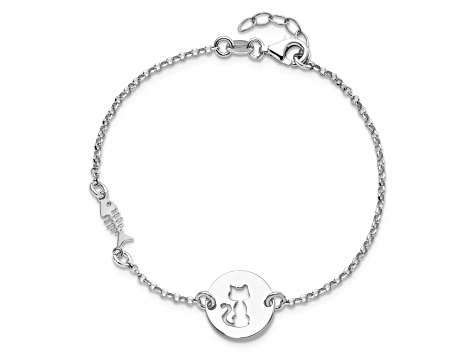 Sterling Silver Rhodium-plated Kitty and Fish with 0.5 Inch Extension Bracelet