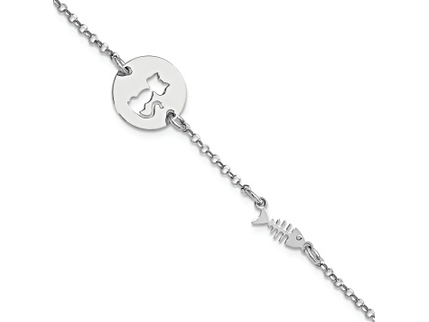 Sterling Silver Rhodium-plated Kitty and Fish with 0.5 Inch Extension Bracelet